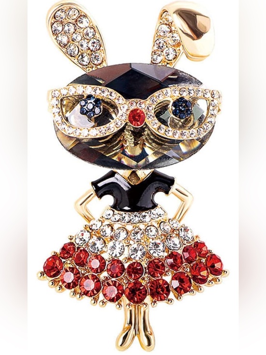 Anthropologie Jewelry - NEW! Cute Crystal Bunny Brooch Pin in Red, Black & Gold with Glasses